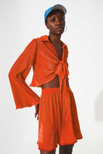 Tie Front Pleated Crop Top  in Orange