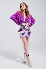 Mini Skirt With Knot Front in Purple Clashing Floral Print