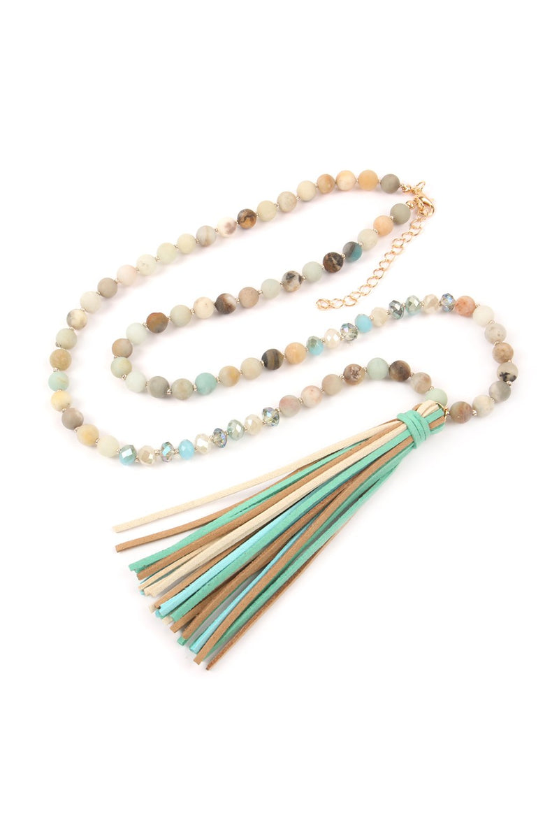 Hdn2238 - Colorful Natural Stone Glass Beads Leather Tassel Necklace