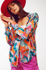 Satin Shirt in Floral Print in Orange