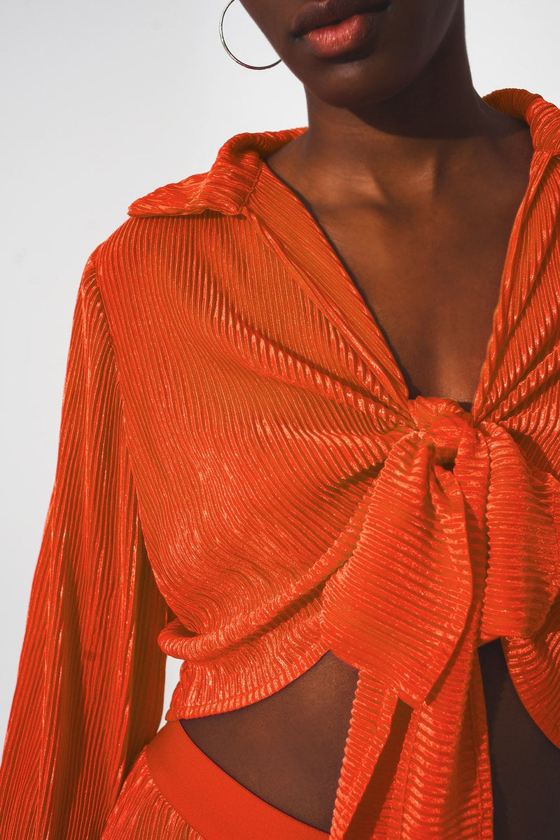 Tie Front Pleated Crop Top  in Orange