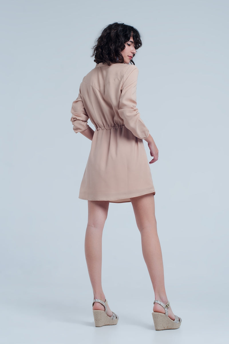 Beige Tie Waist Shirt Mini Dress