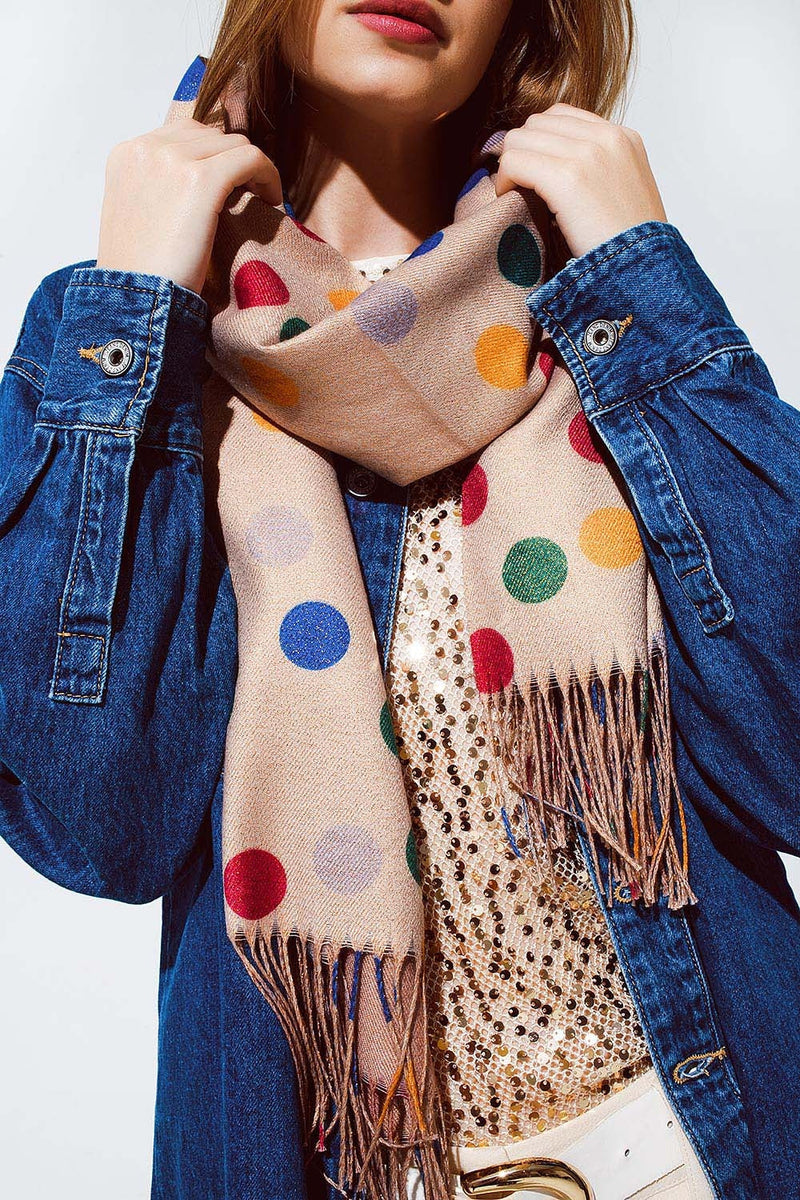 Multicolored Polka Dot Soft Scarf in Beige