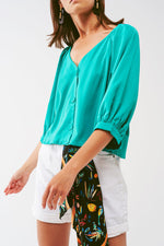 Cropped Button Through Shirt in Green