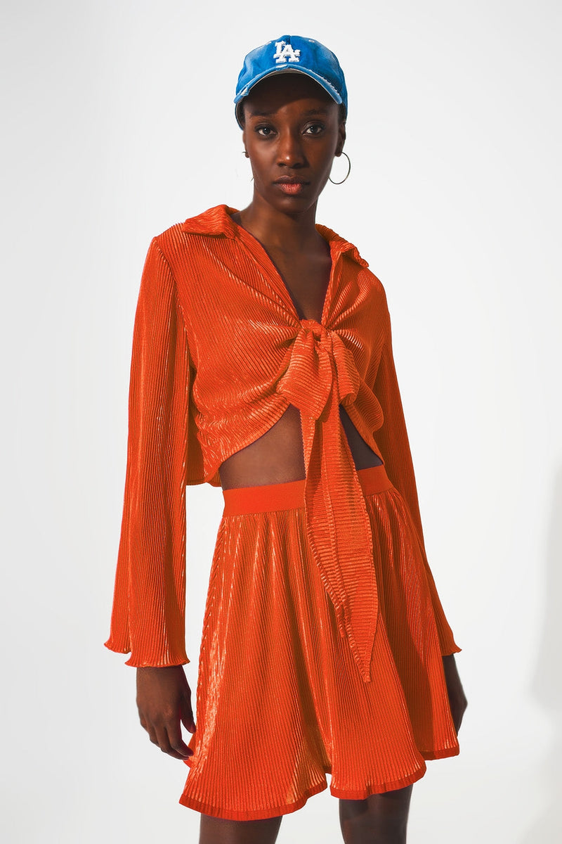 Tie Front Pleated Crop Top  in Orange