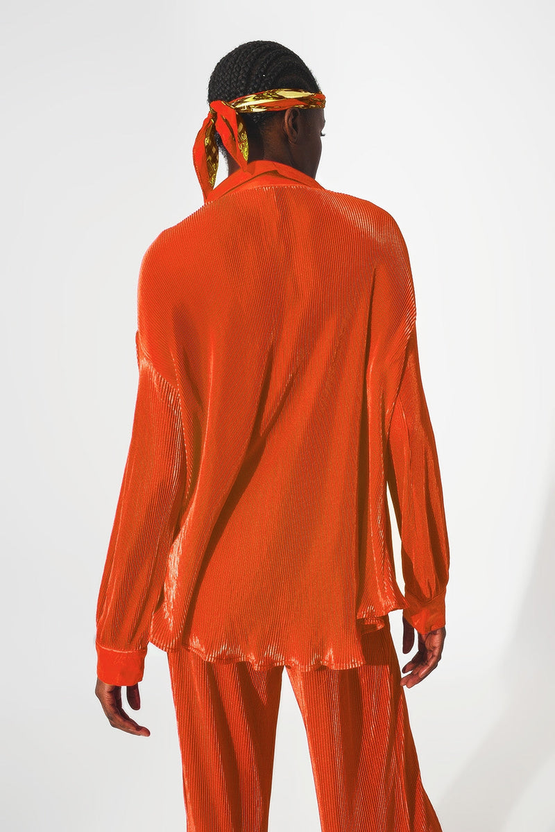 Relaxed Pleated Satin Shirt in Orange