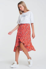 Asymetric Wrap Printed Red Skirt