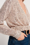 Cross Over Cropped and Sheer Top With Sequins in Gold