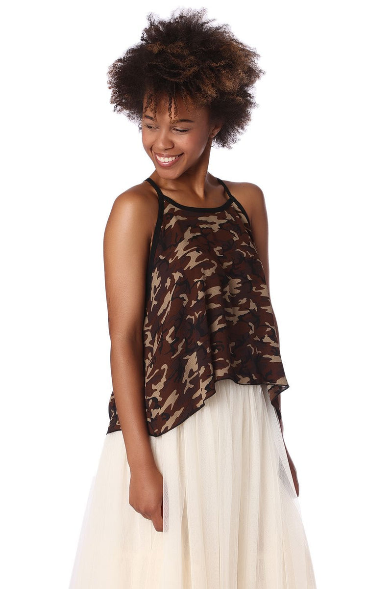 Brown Camo Print Dip Hem Top