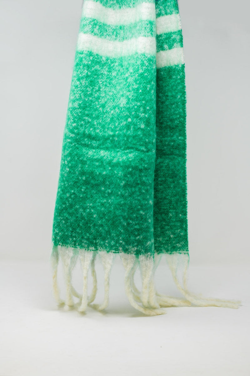 Multi Colored Chunky Knit Scarf in Multicolor Stripes Green and Blue