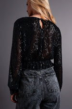 Cross Over Cropped and Sheer Top With Sequins in Black