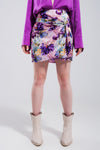 Mini Skirt With Knot Front in Purple Clashing Floral Print