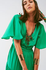 V Neck Maxi Smock Dress in Green