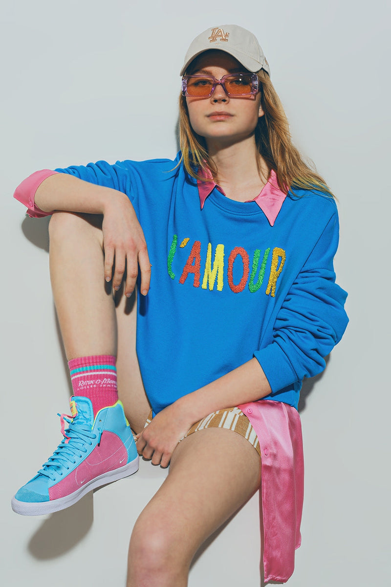 Sweater With l'Amour Text in Blue