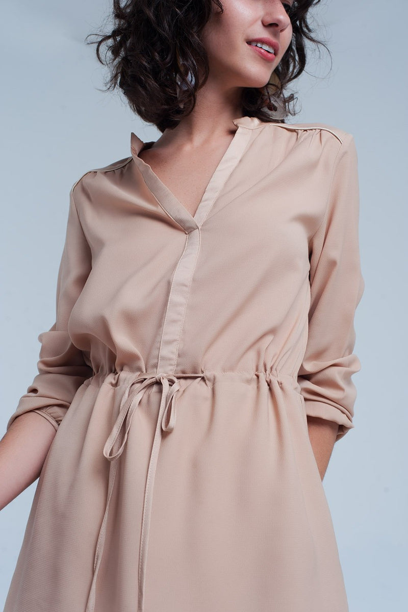 Beige Tie Waist Shirt Mini Dress