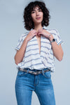 White Short Sleeve Drape Wrap Blouse With Blue Striped Design