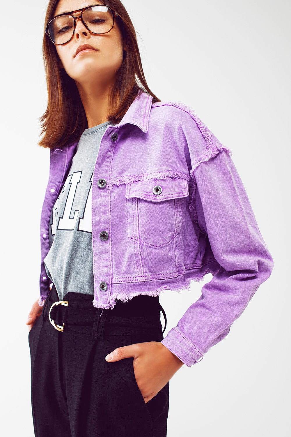 Cropped Denim Trucker Jacket in Purple