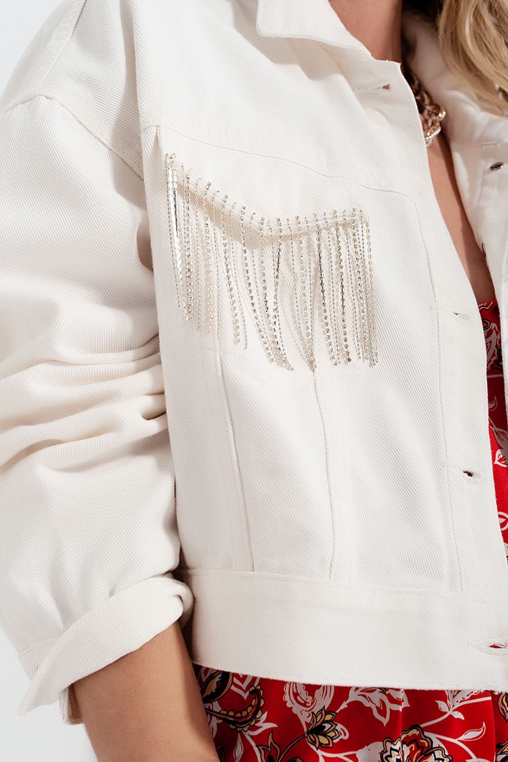 Denim Jacket With Diamante Fringing in White