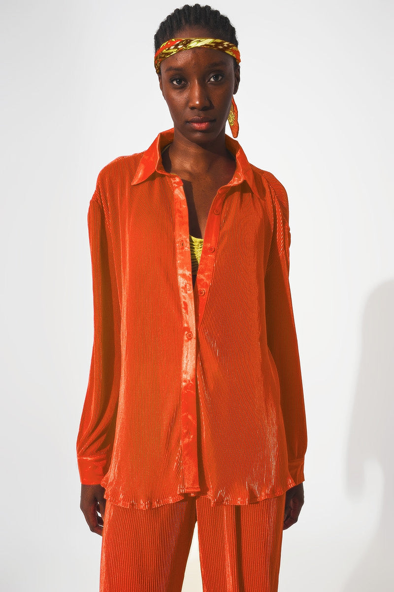 Relaxed Pleated Satin Shirt in Orange