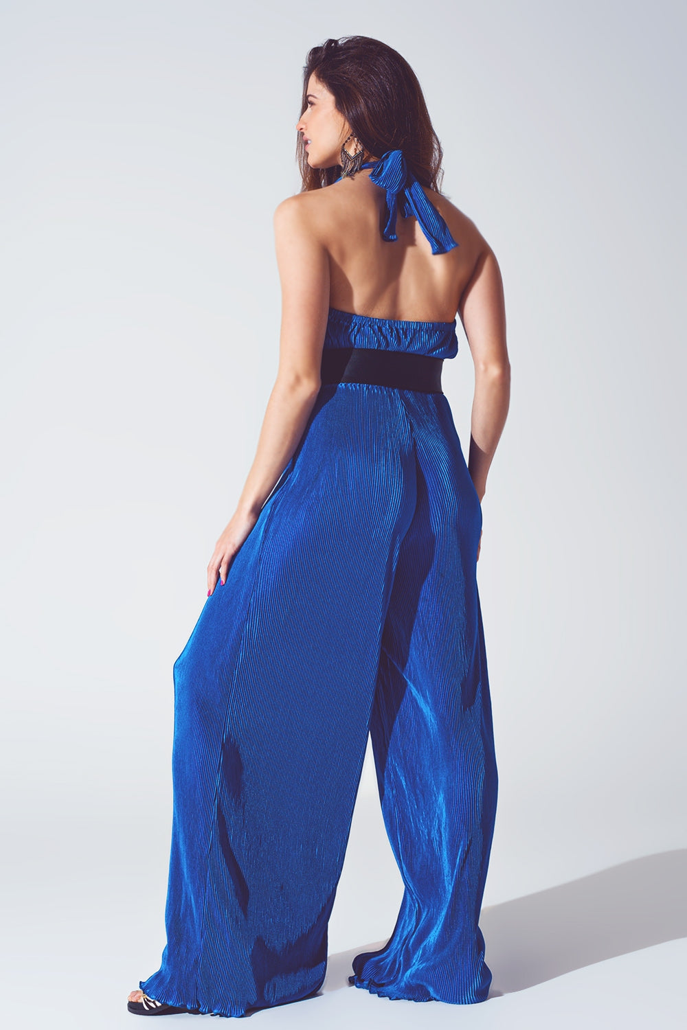 Satin Halter Neck Pleated Maxi Jumpsuit in Blue