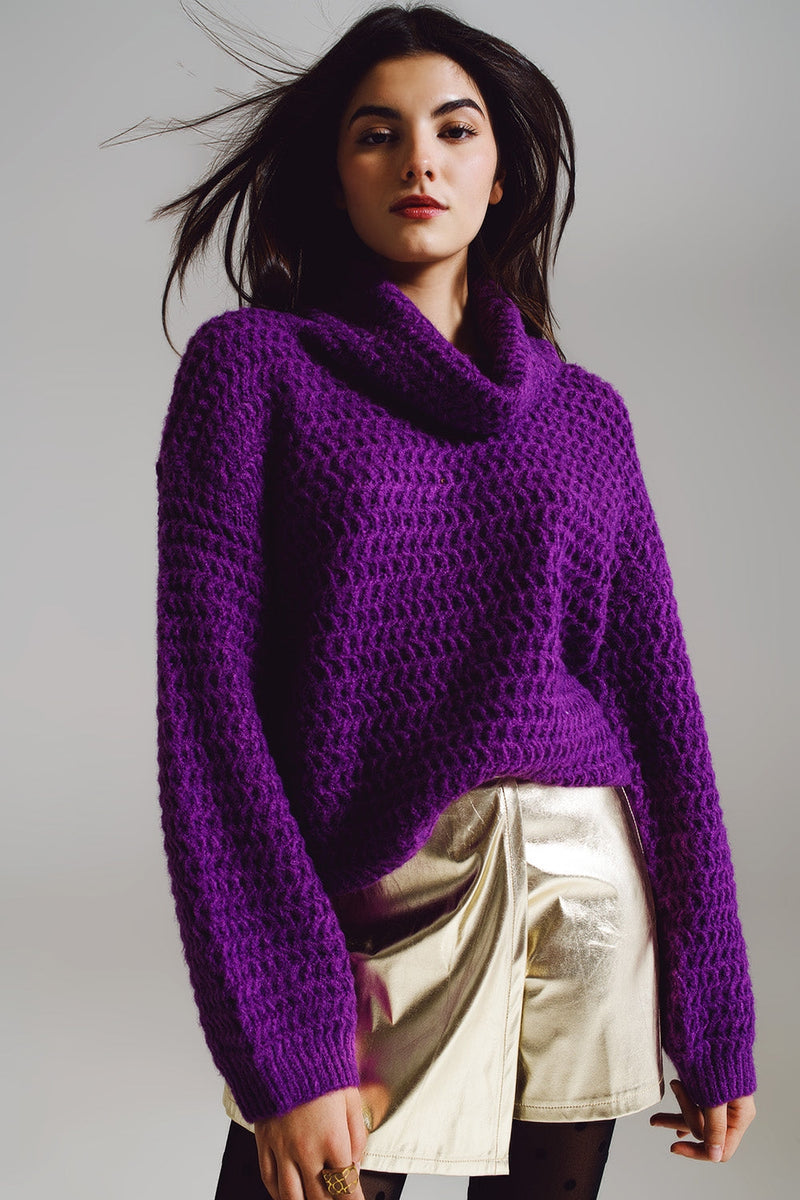 Waffle Knit Sweater With Turtle Neck in Purple