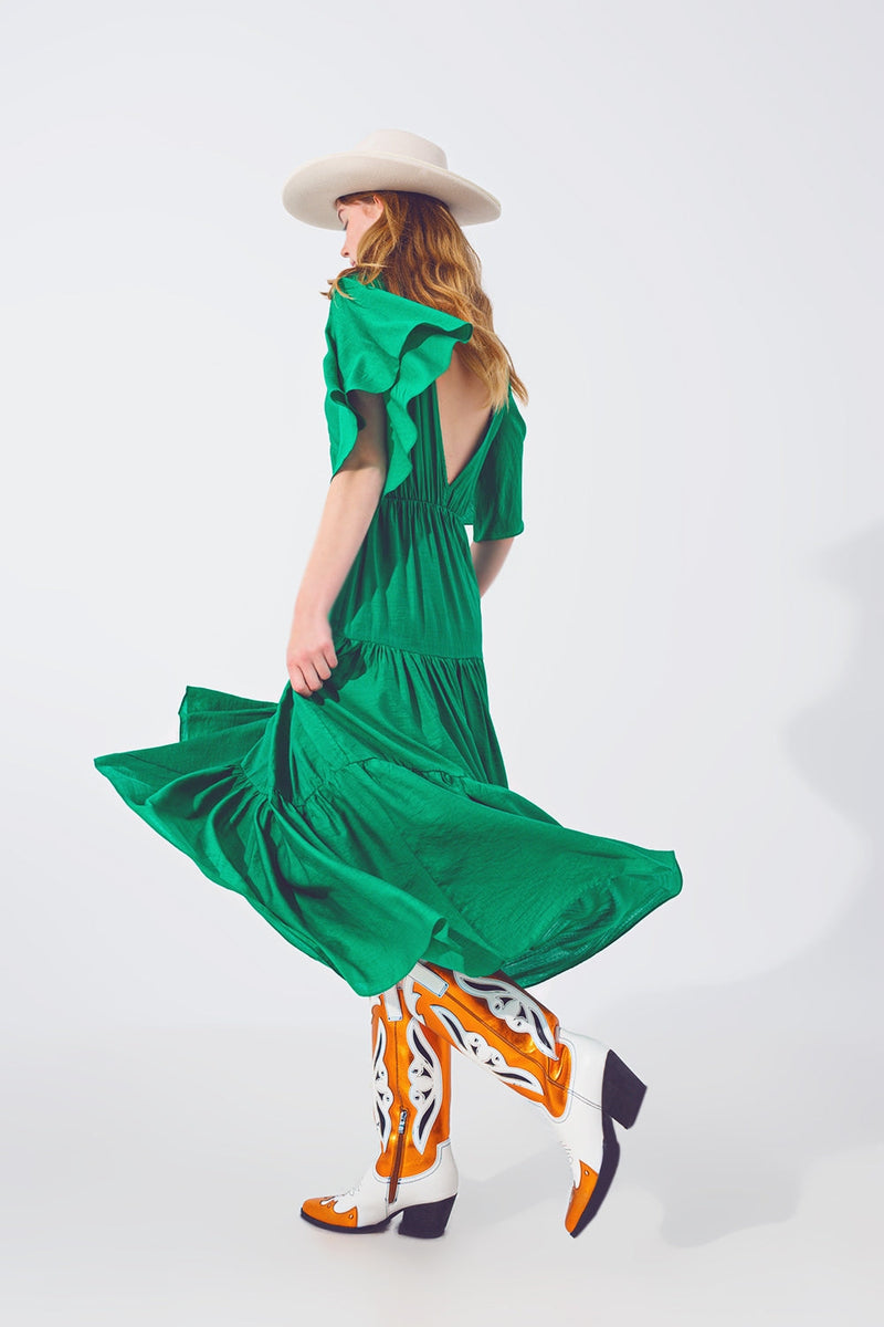 Smock v Neck Maxi Dress in Green