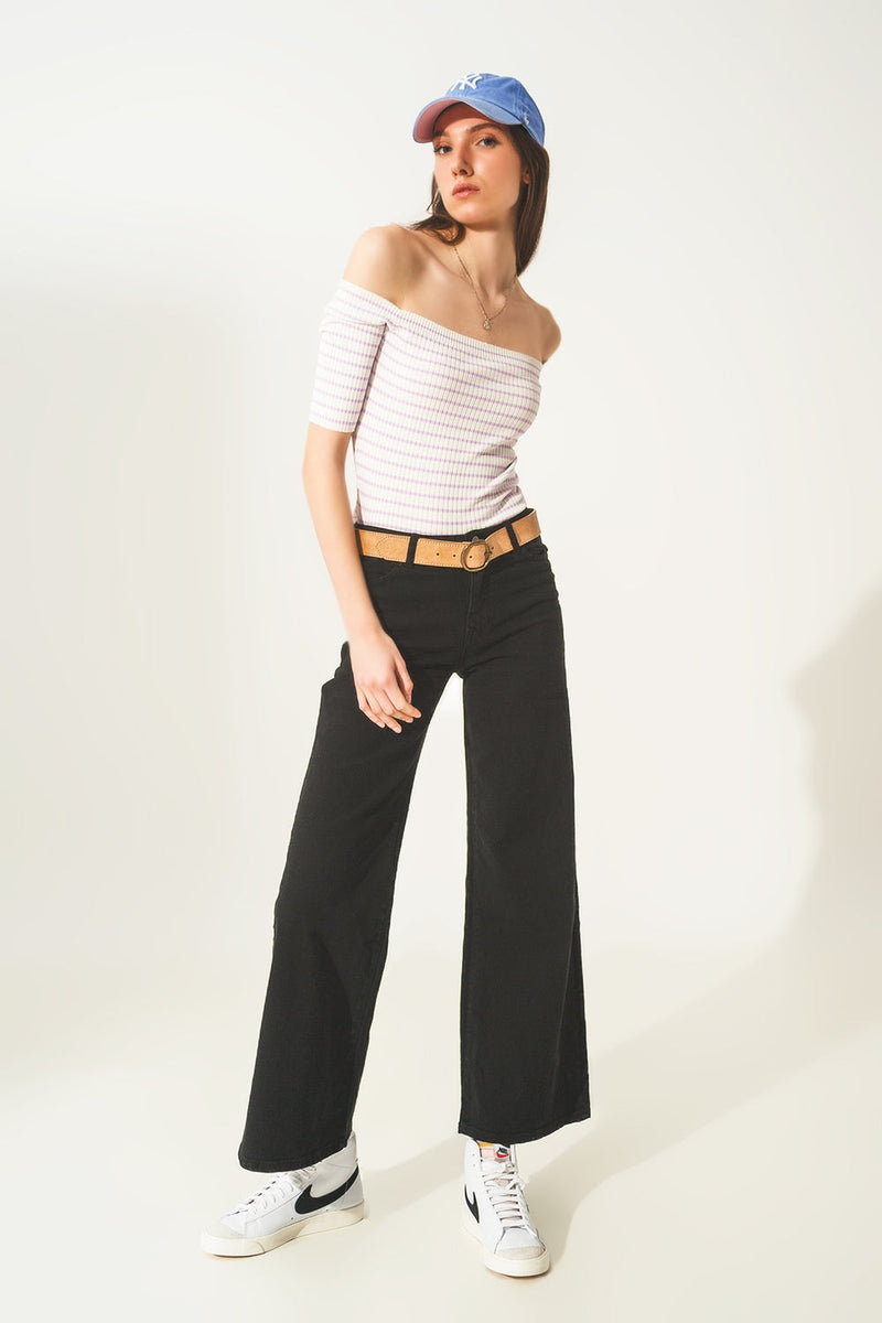 Cotton Blend Wide Leg Jeans in Black