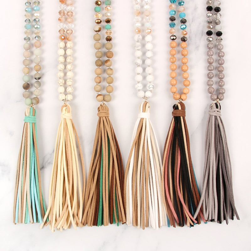 Hdn2238 - Colorful Natural Stone Glass Beads Leather Tassel Necklace