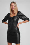 Faux Leather Mini Dress With Puff Sleeves in Black