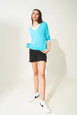 Blue Long Sleeve v Neck Top in Modal