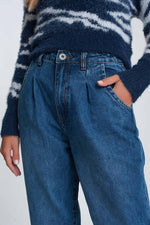 High Waisted Mom Jeans With Two Ruffles in the Waistline in Dark Wash Blue