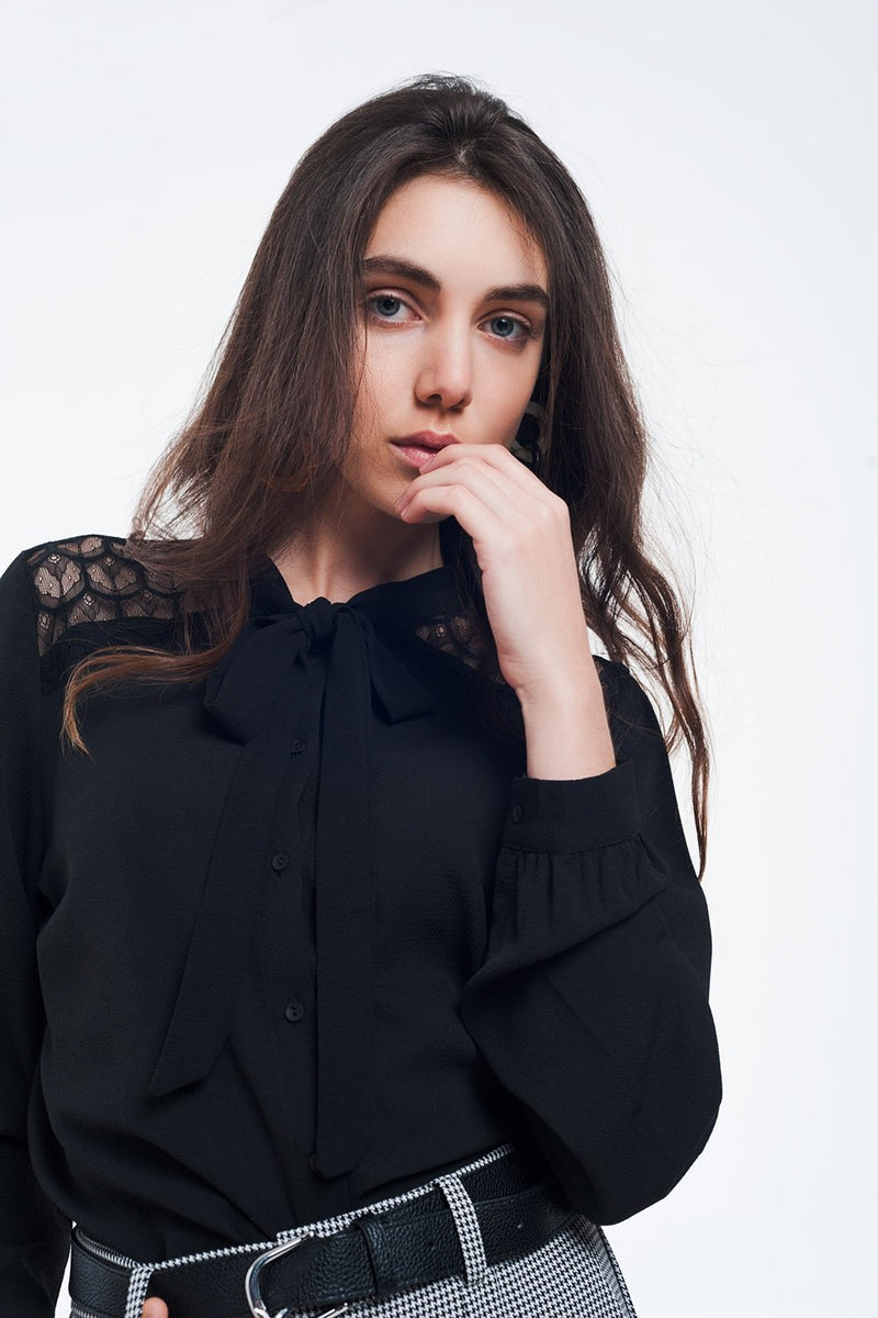 Black Button-Down Shirt With Lace Detail