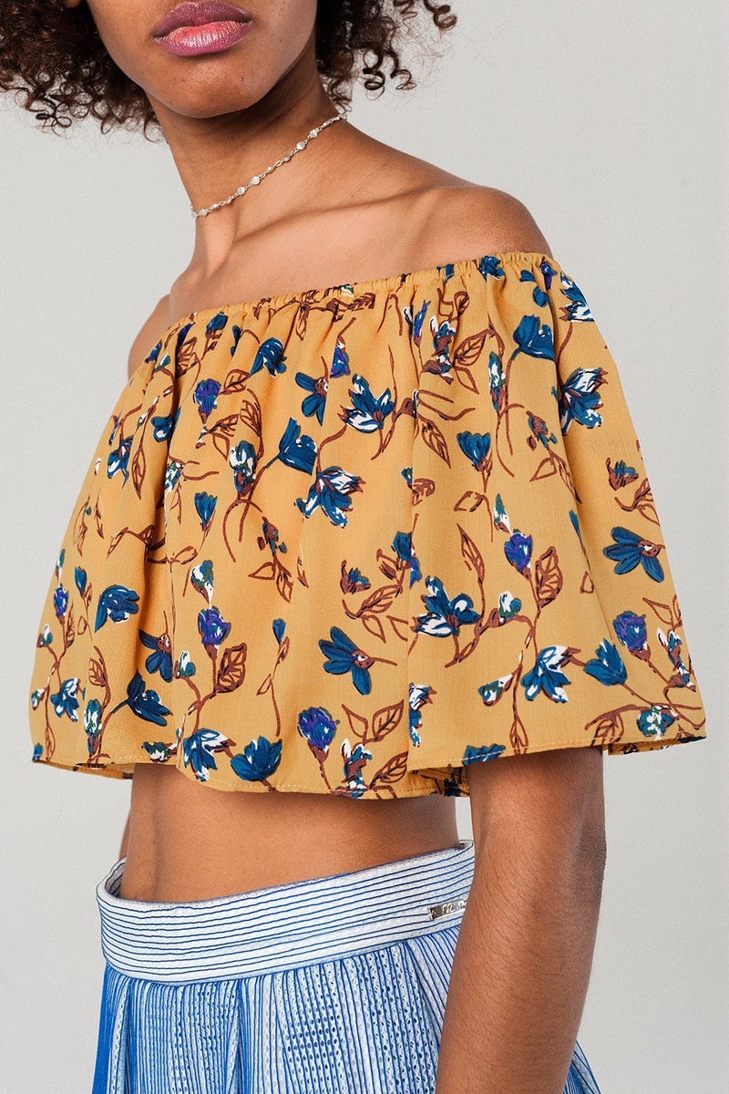 Off Shoulder Floral Crop Top in Mustard