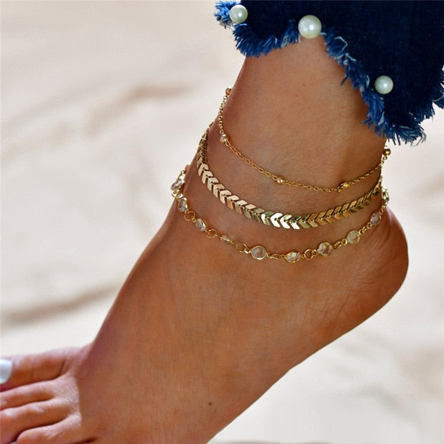 Gloria Gold Chain Bead Layered Anklet