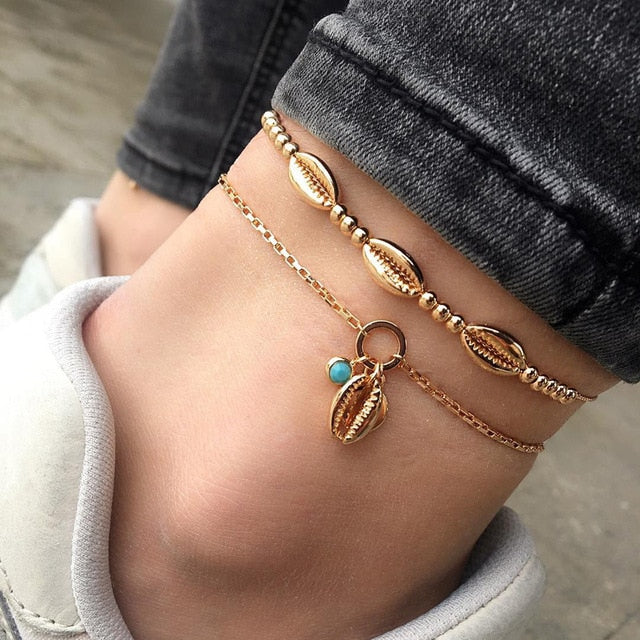 Gold Chain Cowrie Shell Anklet Set