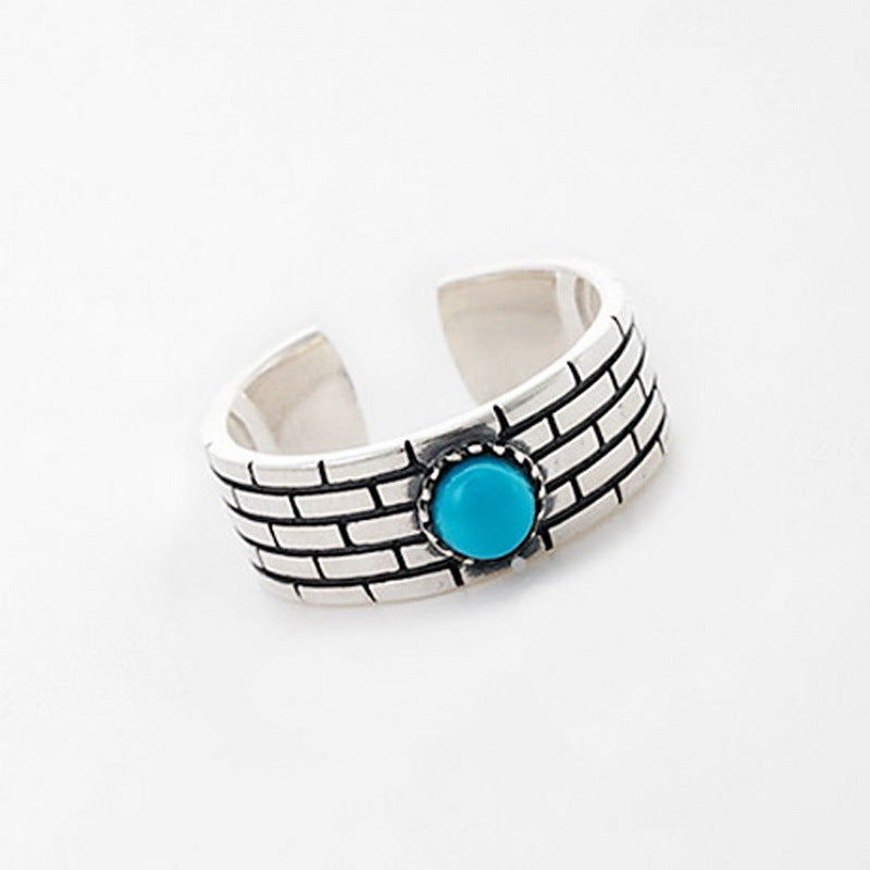 Stacked Brick With Turquoise Stone Sterling Silver Ring