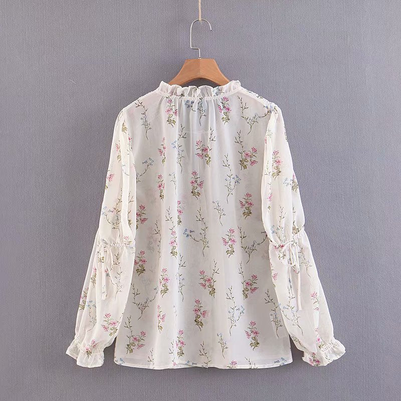 Puff Sleeve V Neck Chiffon Blouse