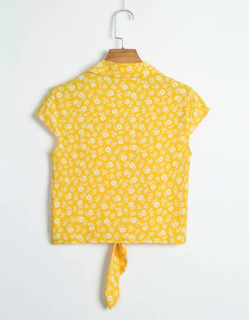 Short Sleeve Yellow Print Blouse