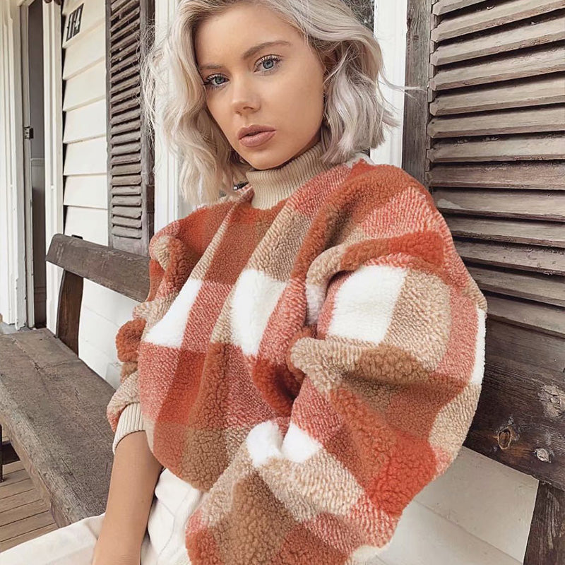Casual lamb wool plaid sweaters women pollovers loose female autumn winter loose lady coat