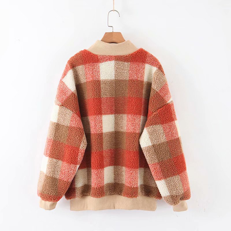 Casual lamb wool plaid sweaters women pollovers loose female autumn winter loose lady coat