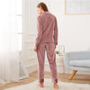 Pink Notched Collar Textured Button Front Velvet Pajama Set
