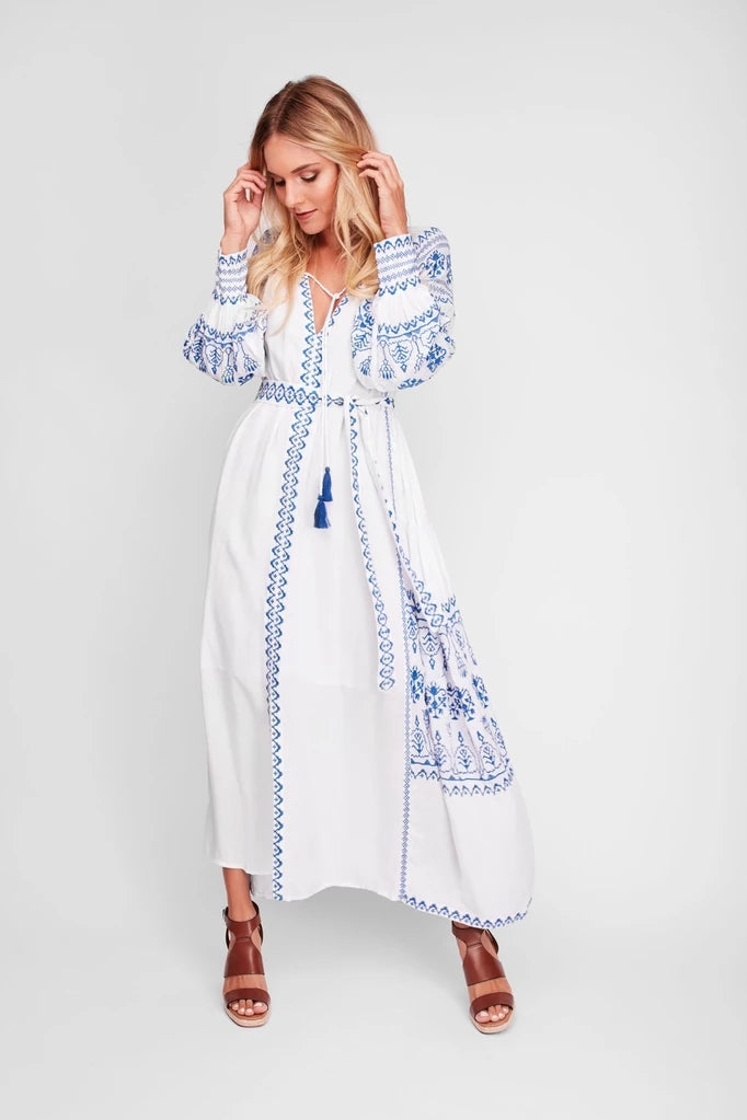 White maxi dress outlet with blue embroidery