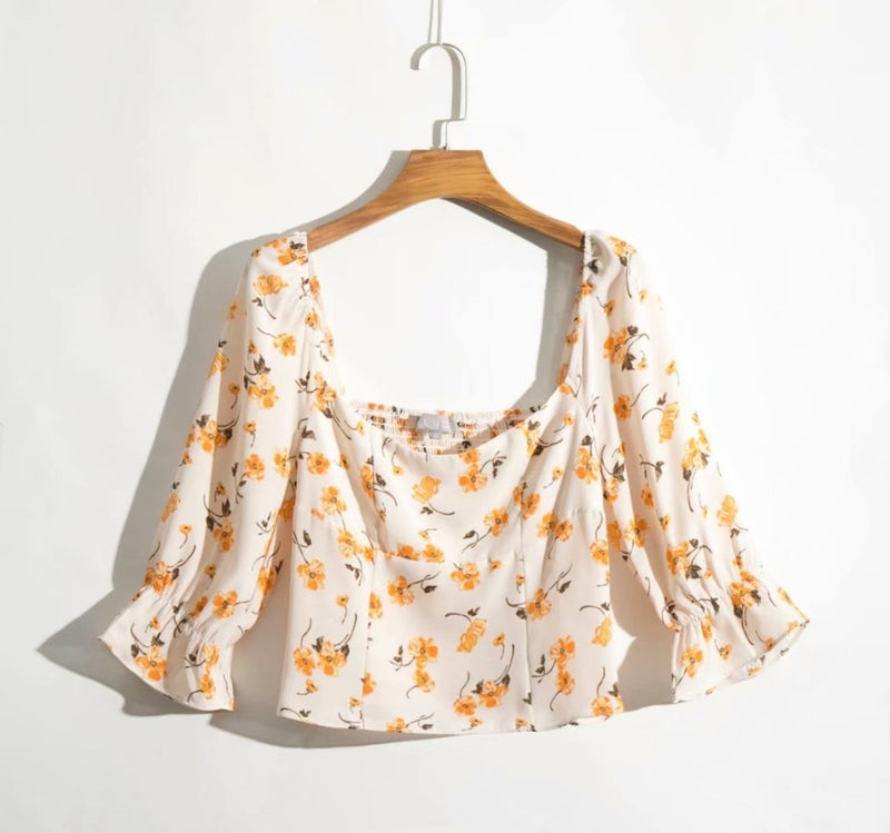 Casual Yellow Floral Print Half Sleeve Blusas