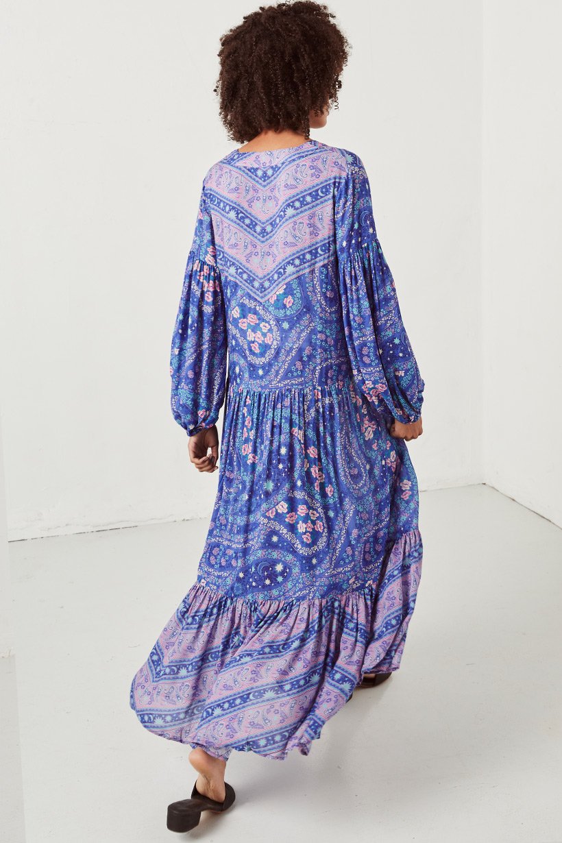 Blue Long Boho Dress 2018 Autumn V-neck Long Sleeve Bohemian Dress Loose Flower Printing Maxi Robe Femme Ete Vestidos De Fiesta