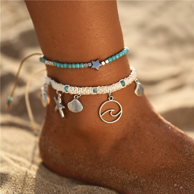 Starfish and Stone Beads Pendant Anklets