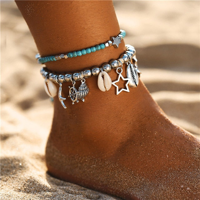 Star Cowrie Charm and Beads Anklets